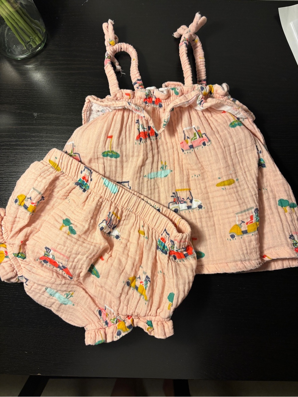 Peachy pink Muslin Baby Tank & Bloomers Set with golf  Print